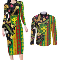 Hawaiian Tropical Plants Lei Couples Matching Long Sleeve Bodycon Dress and Long Sleeve Button Shirt Kanaka Maoli Tribal with Palaka Motifs LT03 Multicolor - Polynesian Pride