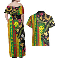 Hawaiian Tropical Plants Lei Couples Matching Off Shoulder Maxi Dress and Hawaiian Shirt Kanaka Maoli Tribal with Palaka Motifs LT03 - Polynesian Pride