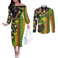 Hawaiian Tropical Plants Lei Couples Matching Off The Shoulder Long Sleeve Dress and Long Sleeve Button Shirt Kanaka Maoli Tribal with Palaka Motifs LT03 Multicolor - Polynesian Pride