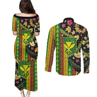 Hawaiian Tropical Plants Lei Couples Matching Puletasi and Long Sleeve Button Shirt Kanaka Maoli Tribal with Palaka Motifs LT03 - Polynesian Pride