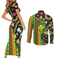Hawaiian Tropical Plants Lei Couples Matching Short Sleeve Bodycon Dress and Long Sleeve Button Shirt Kanaka Maoli Tribal with Palaka Motifs LT03 - Polynesian Pride