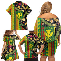 Hawaiian Tropical Plants Lei Family Matching Off Shoulder Short Dress and Hawaiian Shirt Kanaka Maoli Tribal with Palaka Motifs LT03 - Polynesian Pride