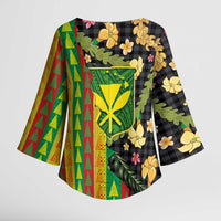 Hawaiian Tropical Plants Lei Kimono Sleeve Blouse Kanaka Maoli Tribal with Palaka Motifs LT03 - Polynesian Pride