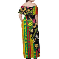 Hawaiian Tropical Plants Lei Off Shoulder Maxi Dress Kanaka Maoli Tribal with Palaka Motifs LT03 - Polynesian Pride