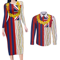 Hawaiian Tropical Plants Lei Couples Matching Long Sleeve Bodycon Dress and Long Sleeve Button Shirt National Flag Style LT03 Multicolor - Polynesian Pride