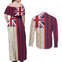 Hawaiian Tropical Plants Lei Couples Matching Off Shoulder Maxi Dress and Long Sleeve Button Shirt National Flag Style LT03 - Polynesian Pride