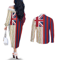 Hawaiian Tropical Plants Lei Couples Matching Off The Shoulder Long Sleeve Dress and Long Sleeve Button Shirt National Flag Style LT03 - Polynesian Pride