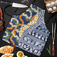 Hawaiian Plumeria Lei Apron Kakau Motifs and Palaka Half Style Blue Color - Polynesian Pride