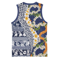 Hawaiian Plumeria Lei Basketball Jersey Kakau Motifs and Palaka Half Style Blue Color LT03 - Polynesian Pride