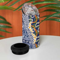 Hawaiian Plumeria Lei 4 in 1 Can Cooler Tumbler Kakau Motifs and Palaka Half Style Blue Color LT03 - Polynesian Pride