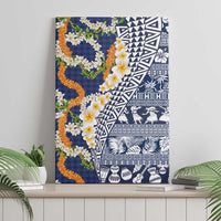 Hawaiian Plumeria Lei Canvas Wall Art Kakau Motifs and Palaka Half Style Blue Color - Polynesian Pride