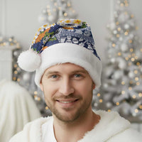 Hawaiian Plumeria Lei Christmas Santa Hat Kakau Motifs and Palaka Half Style Blue Color LT03 - Polynesian Pride