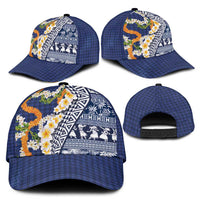 Hawaiian Plumeria Lei Classic Cap Kakau Motifs and Palaka Half Style Blue Color - Polynesian Pride