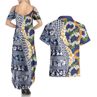 Hawaiian Plumeria Lei Couples Matching Summer Maxi Dress and Hawaiian Shirt Kakau Motifs and Palaka Half Style Blue Color LT03 - Polynesian Pride