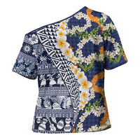 Hawaiian Plumeria Lei Cross Shoulder Shirt Kakau Motifs and Palaka Half Style Blue Color LT03 - Polynesian Pride