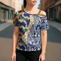 Hawaiian Plumeria Lei Cross Shoulder Shirt Kakau Motifs and Palaka Half Style Blue Color LT03 - Polynesian Pride