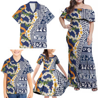 Hawaiian Plumeria Lei Family Matching Off Shoulder Maxi Dress and Hawaiian Shirt Kakau Motifs and Palaka Half Style Blue Color LT03 - Polynesian Pride