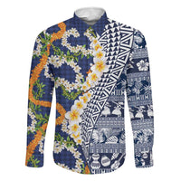 Hawaiian Plumeria Lei Family Matching Off Shoulder Short Dress and Hawaiian Shirt Kakau Motifs and Palaka Half Style Blue Color LT03 Dad's Shirt - Long Sleeve Blue - Polynesian Pride