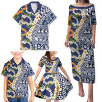 Hawaiian Plumeria Lei Family Matching Puletasi and Hawaiian Shirt Kakau Motifs and Palaka Half Style Blue Color LT03 - Polynesian Pride