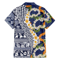 Hawaiian Plumeria Lei Family Matching Short Sleeve Bodycon Dress and Hawaiian Shirt Kakau Motifs and Palaka Half Style Blue Color LT03 - Polynesian Pride