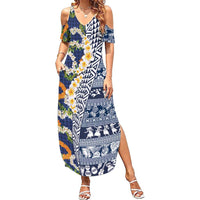 Hawaiian Plumeria Lei Family Matching Summer Maxi Dress and Hawaiian Shirt Kakau Motifs and Palaka Half Style Blue Color LT03 Mom's Dress Blue - Polynesian Pride
