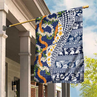 Hawaiian Plumeria Lei Garden Flag Kakau Motifs and Palaka Half Style Blue Color LT03 House Flag Blue - Polynesian Pride