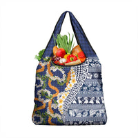 Hawaiian Plumeria Lei Grocery Bag Kakau Motifs and Palaka Half Style Blue Color LT03 1-pack One Size Blue - Polynesian Pride