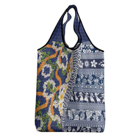 Hawaiian Plumeria Lei Grocery Bag Kakau Motifs and Palaka Half Style Blue Color LT03 - Polynesian Pride