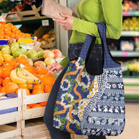 Hawaiian Plumeria Lei Grocery Bag Kakau Motifs and Palaka Half Style Blue Color LT03 - Polynesian Pride