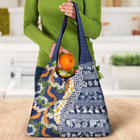 Hawaiian Plumeria Lei Grocery Bag Kakau Motifs and Palaka Half Style Blue Color LT03 - Polynesian Pride
