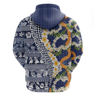 Hawaiian Plumeria Lei Hoodie Kakau Motifs and Palaka Half Style Blue Color LT03 - Polynesian Pride