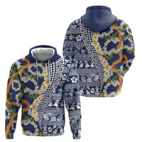 Hawaiian Plumeria Lei Hoodie Kakau Motifs and Palaka Half Style Blue Color LT03 - Polynesian Pride