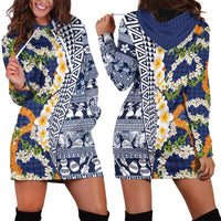 Hawaiian Plumeria Lei Hoodie Dress Kakau Motifs and Palaka Half Style Blue Color LT03 - Polynesian Pride
