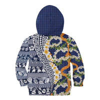 Hawaiian Plumeria Lei Kid Hoodie Kakau Motifs and Palaka Half Style Blue Color LT03 - Polynesian Pride