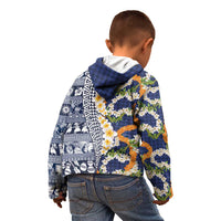 Hawaiian Plumeria Lei Kid Hoodie Kakau Motifs and Palaka Half Style Blue Color LT03 - Polynesian Pride