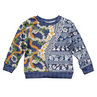 Hawaiian Plumeria Lei Kid Ugly Christmas Sweater Kakau Motifs and Palaka Half Style Blue Color LT03 Kid Blue - Polynesian Pride