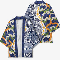 Hawaiian Plumeria Lei Kimono Kakau Motifs and Palaka Half Style Blue Color - Polynesian Pride