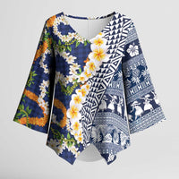 Hawaiian Plumeria Lei Kimono Sleeve Blouse Kakau Motifs and Palaka Half Style Blue Color LT03 Female Blue - Polynesian Pride