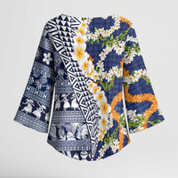 Hawaiian Plumeria Lei Kimono Sleeve Blouse Kakau Motifs and Palaka Half Style Blue Color LT03 - Polynesian Pride
