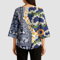 Hawaiian Plumeria Lei Kimono Sleeve Blouse Kakau Motifs and Palaka Half Style Blue Color LT03 - Polynesian Pride