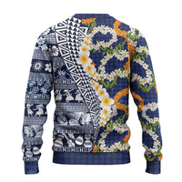Hawaiian Plumeria Lei Ugly Christmas Sweater Kakau Motifs and Palaka Half Style Blue Color LT03 - Polynesian Pride
