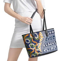 Hawaiian Plumeria Lei Leather Tote Bag Kakau Motifs and Palaka Half Style Blue Color LT03 - Polynesian Pride