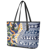 Hawaiian Plumeria Lei Leather Tote Bag Kakau Motifs and Palaka Half Style Blue Color LT03 - Polynesian Pride