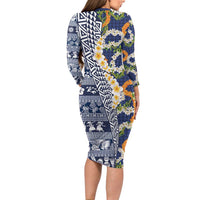 Hawaiian Plumeria Lei Long Sleeve Bodycon Dress Kakau Motifs and Palaka Half Style Blue Color LT03 - Polynesian Pride