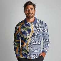 Hawaiian Plumeria Lei Long Sleeve Polo Shirt Kakau Motifs and Palaka Half Style Blue Color LT03 - Polynesian Pride