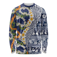 Hawaiian Plumeria Lei Long Sleeve Shirt Kakau Motifs and Palaka Half Style Blue Color LT03 Unisex Blue - Polynesian Pride