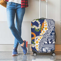 Hawaiian Plumeria Lei Luggage Cover Kakau Motifs and Palaka Half Style Blue Color LT03 - Polynesian Pride