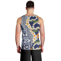 Hawaiian Plumeria Lei Men Tank Top Kakau Motifs and Palaka Half Style Blue Color LT03 - Polynesian Pride