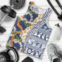 Hawaiian Plumeria Lei Men Tank Top Kakau Motifs and Palaka Half Style Blue Color LT03 - Polynesian Pride