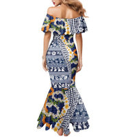 Hawaiian Plumeria Lei Mermaid Dress Kakau Motifs and Palaka Half Style Blue Color LT03 - Polynesian Pride